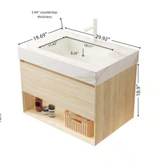 FRIGGA 30" Bathroom Vanity&Sink, Floating Plywood Storage Cabinet, Drawer&Shelf with Sensor Light, Ceramic Undermount Basin&Calacatta Gold Sintered Stone Top, Pre-assembled, Travertine Texture Finish