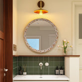 Vintage Rustic Round Wall Mirror (23.62" x 23.62") - Distressed Wood Frame with Rivet Detail, Decorative Hanging Mirror for Bathroom, Bedroom, Entryway