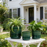 Handmade Green Glazed Ceramic Planter Set of 3, 10" 8" 6" Diameter, Square Grid Pattern, for Succulents & Herbs Indoor/Outdoor Shelf & Table Use, Breathable Clay with Drainage Holes
