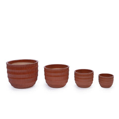 Handmade Solid Glaze Ceramic Planter Set of 4, 7/9/12/14 Inch Diameter, Terra Cotta with Horizontal Grooves, for Herbs & Succulents Outdoor & Indoor Stairs Use, Breathable Clay with Drainage Holes