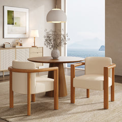 Upholstered Fabric Armchair with Walnut Rubber Wood Frame in Beige (Set of 2)