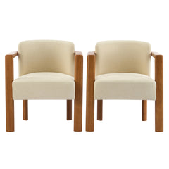 Upholstered Fabric Armchair with Walnut Rubber Wood Frame in Beige (Set of 2)