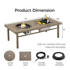47" 3-in-1 Outdoor Aluminum Beige Propane Fire Pit Table 50,000 BTU with Ice Bucket,