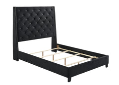 1pc Contemporary Style Queen Panel Upholstered Bed Button Tufted Demi-wings Nailhead Trim Black Finish Bedroom Furniture