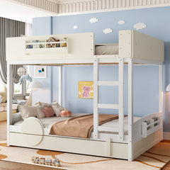 Queen Bunk Bed with Trundle , Wood Bunk Bed Frame with Built-in Bookshelf and High-quality Safety Guardrail,Automobile Form Design for Kids ,White& Beige.