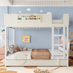 Queen Bunk Bed with Trundle , Wood Bunk Bed Frame with Built-in Bookshelf and High-quality Safety Guardrail,Automobile Form Design for Kids ,White& Beige.