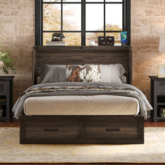 Full Size Farmhouse Murphy Cabinet Bed with Charging Station, Foldable Platform Bed with Large Storage Drawer for Guest-Room, Small Bedroom, Rustic Gray