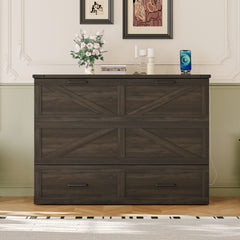 Full Size Farmhouse Murphy Cabinet Bed with Charging Station, Foldable Platform Bed with Large Storage Drawer for Guest-Room, Small Bedroom, Rustic Gray