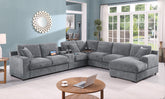 Chiara 141.5"W Light Gray Chenille Fabric Corner Sectional Sofa with Right-Facing Chaise, Cupholders, and Charging Ports