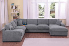 Chiara 128"W Light Gray Chenille Fabric Corner Sectional Sofa with Right-Facing Chaise, Cupholders, and Charging Ports