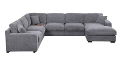 Chiara 128"W Light Gray Chenille Fabric Corner Sectional Sofa with Right-Facing Chaise, Cupholders, and Charging Ports