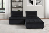 Aveline 80"W Black Velvet 3 Pc Sectional Sofa Ottoman