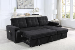 Ollie 95"W Black Woven Fabric Reversible Sleeper Sectional Sofa with Storage Chaise Cup Holder Charging Ports and Pockets