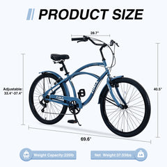 7 Speed Bicycles, Multiple Colors 26"Inch Beach Cruiser Bike