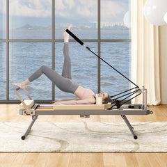 Pilates Reformer Machine for Home Gym Workout, Foldable Pilates Equipment with High Strength Alloy Springs for Beginners, Up to 330lbs,Beige