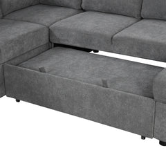 109" U-shaped Sectional Sofa Pull-out Sofa Bed with Two USB Ports, a Storage Chaise Lounge and Four Back Pillows for Living Room, Grey