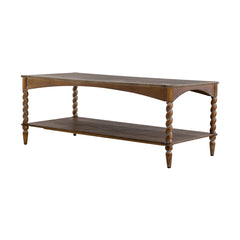 47x22x18.5" Rustic Brown Wood Coffee Table with Turned Spiral Legs and Lower Shelf