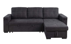 Toby 95" Black Woven Fabric Reversible Sleeper Sectional Sofa with Storage Chaise Cup Holder Charging Ports and Pockets