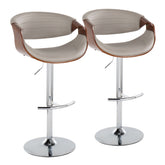 Symphony Mid-Century Modern Adjustable Barstool with Swivel in Chrome Metal, Walnut Wood and Grey Faux Leather with Rounded T Footrest by LumiSource - Set of 2