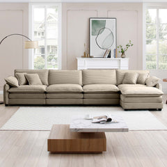 Corduroy Sofa Modern Upholstered 4 Seater with with 1 Footstool Corduroy Fabric Sofa,Office Living Room Apartment Comfort Sofa, Easy to Assemble with 2 Arm Pillows and 4 Throw Pillows