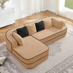 106" Teddy Fabric No Assembly 32D High Density sponge Boneless Sofa,Contrast color design,Fluffy Comfy Couch with L-Shaped Chaise,for Living Room,Camel