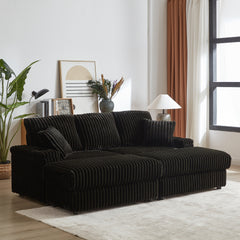 84Inch Corduroy 3-seater sofa With 3 back pillows ,2 toss pillows , 2 ottoman ,2 Footstool Storage and cup-holding grooves Comfy Sofa- Deep Seat Couch for Living Room