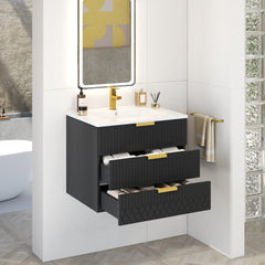 24inch Wall Mounted Floating Cabinet w/Double Drawer, Floating Rectangular Vanity Small Bathroom Sink With Single Faucet Hole and Overflow, Modern Bathroom Cabinet with Ceramic Basin Sink