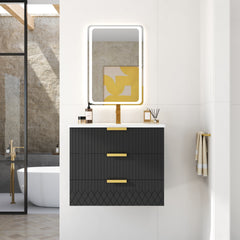 24inch Wall Mounted Floating Cabinet w/Double Drawer, Floating Rectangular Vanity Small Bathroom Sink With Single Faucet Hole and Overflow, Modern Bathroom Cabinet with Ceramic Basin Sink