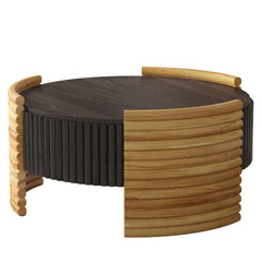 31.50" Modern Colorblocked Striped Coffee Table with Flip Top Storage Coffee Table - Natural Wood Finish for Living Room, Apartment, Office, Easy to Assemble, Dark Brown Tabletop + Wooden Color
