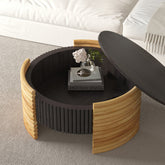 31.50" Modern Colorblocked Striped Coffee Table with Flip Top Storage Coffee Table - Natural Wood Finish for Living Room, Apartment, Office, Easy to Assemble, Dark Brown Tabletop + Wooden Color