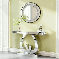 Modern mirror side table glass sofa table with mirror effect entrance table double C-shaped base, rectangular decoration hall table suitable for living room corridor entrance (silver)