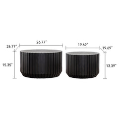 Set of 2 Black Fluted Coffee Table - Solid Wood & MDF Round Accent Tables (26.77"/19.69") for Small Spaces, Fully Assembled Living Room/Bedroom Side Tables