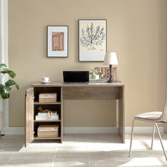 Home Office Desk Hazelnut One Cabinet Three Shelves Faux Barn Door on Metal Euro Hinges Modesty Panel