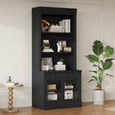 83.4"Tall Bookshelf, Modern Bookcase with 2 Glass Doors and 1 Drawer,Storage Bookcase with Open Shelves for Living Room,Home Office,Black