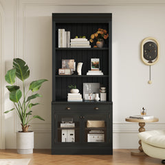 83.4"Tall Bookshelf, Modern Bookcase with 2 Glass Doors and 1 Drawer,Storage Bookcase with Open Shelves for Living Room,Home Office,Black