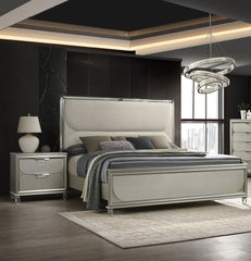 Glamorous Luxury Silver Fabric Upholstered Queen Size Bed w LED 2x Nightstands Embossed Panel 3pc Set Bedroom Furniture