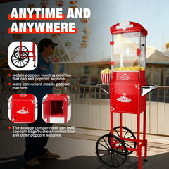 Popcorn Machine with Cart ,Wheels & 10 Oz Kettle Popcorn Maker Measuring 3 plastic spoon Home Theater Popcorn Machine-Red