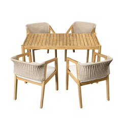 Acacia Wood Outdoor Dining Set of 5, Dining Furniture Set with 1 Table 4 Chairs, Teak and Beige