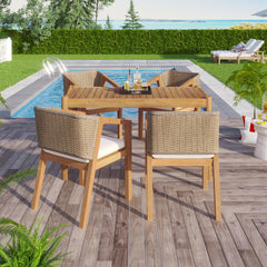 Acacia Wood Outdoor Dining Set of 5, Dining Furniture Set with 1 Table 4 Chairs, Teak and Beige