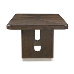 Modern Rectangular Dining Table with Extension Leaf Durable Unique Metallic Accent Base Brown Finish Wooden Dining Furniture 1pc