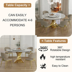 59" Round Sintered Stone Dining Table Set with Gold Stainless Steel Hourglass Base - Modern Luxury Marble-Look Kitchen Table for 4-6 People, Scratch & Heat Resistant Surface-Only table