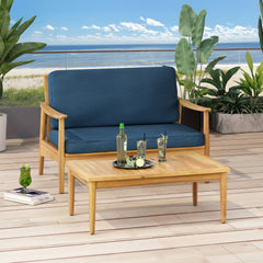Patio Loveseat and Coffee Table Set, Patio Furniture Set with Cushion, Acacia Wood Frame Conversation Set for Garden, Backyard, Porch and Poolside, Minimalistic Style