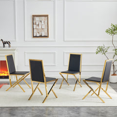 4-pack gold metal framed black PU dining chairs: ergonomic design, a simple and luxurious choice.Featuring uniquely designed gold metal legs.