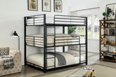 Full Tripe Decker Bed Contemporary Style Attached Two Ladders Full Metal Structure With Guard Rails Sand Black Finish