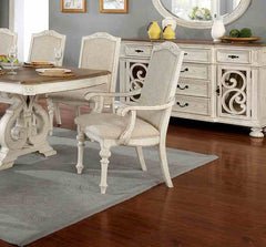 Rustic Style 2pc Arm Chair Upholstered Seat Intricate Wood Inlay Detail Antique White Finish Dining Room