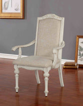 Rustic Style 2pc Arm Chair Upholstered Seat Intricate Wood Inlay Detail Antique White Finish Dining Room