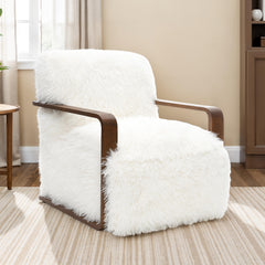 Contemporary Style 1pc Accent Chair Long Soft Faux Fur Retro Inspired Curve Wooden Arms Tight Seat And Back White Finish Primary living Room