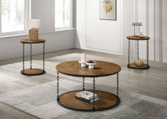 Natural Finish Rustic 3pc Table Set 1x Coffee Table 2x End Table Decorative Chain Pole Two Layered Storage Primary Living Room