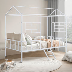 Twin Bunk Bed Contemporary Style House Design With Full Metal Construction And Angled Ladder, White