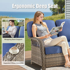 75.2" Outdoor Gray Wicker Patio Sofa with T Shape-Back Cushions and 5" Thick Foam, for Porch or Backyard, Blue
